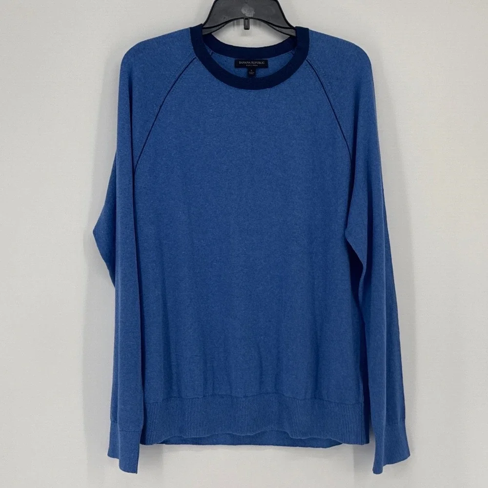 Banana Republic Silk Linen Mens Sweater Large Blue Raglan Crew Neck Luxury Knit